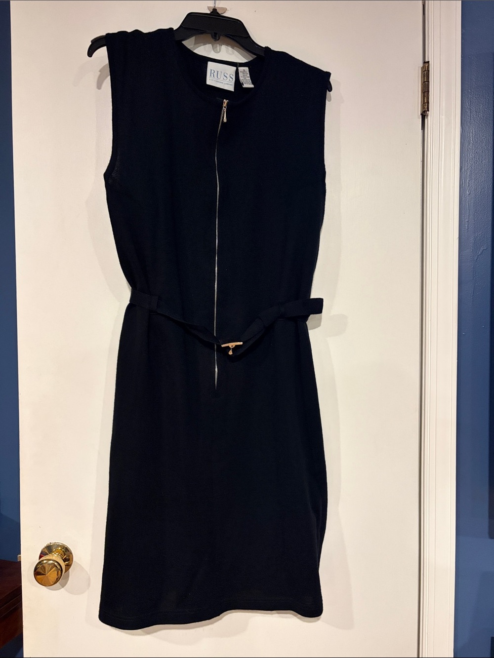 Russ Sleeveless Black Midi Dress with Front Zip and Belt
